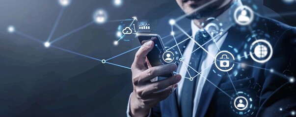 Leinwandbilder - Businessman holds a smartphone with a network of global connections and data icons