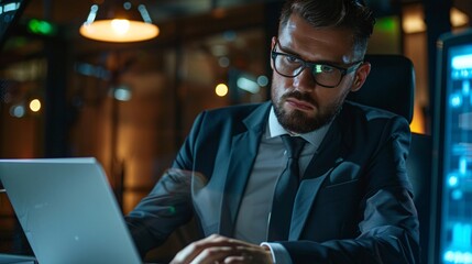 Aufkleber - Businessman is working late in an office, illuminated by the laptop screen and focused on his task