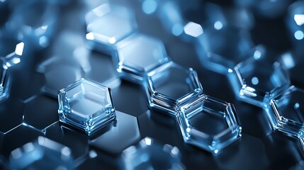 Poster - A close-up view of hexagonal glass-like structures reflecting light, creating an intricate pattern. This image showcases the beauty of scientific design in a modern context.
