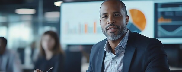Poster - A confident male professional in a modern office setting, reviewing data on a digital screen