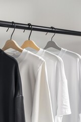 Poster - Minimal fashion background with three basic t-shirts hanging on a clothes rail