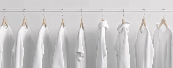 Poster - Display of blank white t-shirts and hoodies on a minimalist clothing store rack