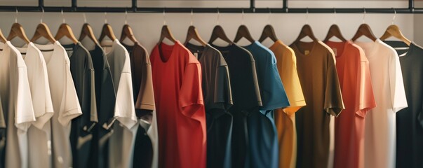 Poster - Display of vibrant t-shirts on clothing racks in a boutique