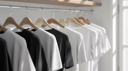 Poster - Minimalist wardrobe with a line of black and white t-shirts hung on wooden hangers