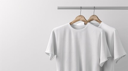 Poster - Two plain white t-shirts are hanging on wooden hangers on a metal clothes rail
