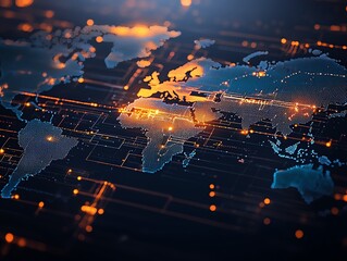 Aufkleber - A detailed digital map of the world illuminated by glowing lights, showcasing advanced technology and connectivity, representing the intersection of geography and innovation.