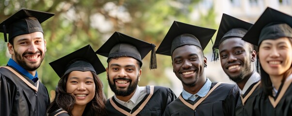 Poster - Group of diverse happy graduates wearing cap and gown are celebrating their graduation