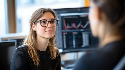 Poster - A focused businesswoman engages in a productive conversation while analyzing data on her screen, showcasing professionalism and teamwork in a modern office environment.