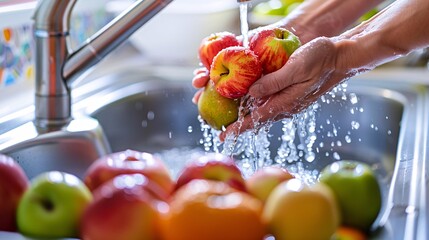 Poster - Woman washing fresh apples and pears in kitchen sink