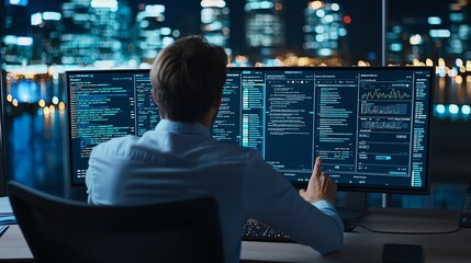 Aufkleber - A focused individual working late at night on dual monitors, analyzing complex data and coding in a modern office setting with a vibrant city skyline in the background.