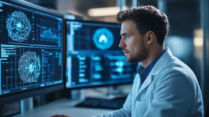 Aufkleber - A focused professional analyzes complex data on multiple screens, showcasing advancements in technology and scientific research. The environment is high-tech and innovative.