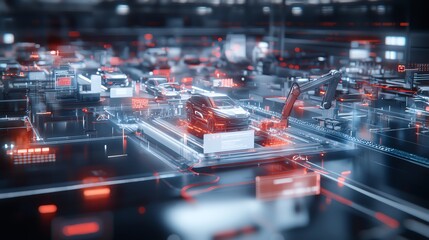 Poster - A futuristic automotive production line showcasing advanced robotics and technology in a digital environment