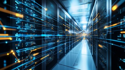 Poster - a futuristic data center hallway illuminated by bright blue and orange lights. this space is filled 