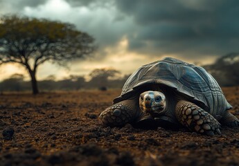 Poster - Close-up of a tortoise on the ground under moody sky with low light, showcasing the intricate details of shell and face in natural habitat setting
