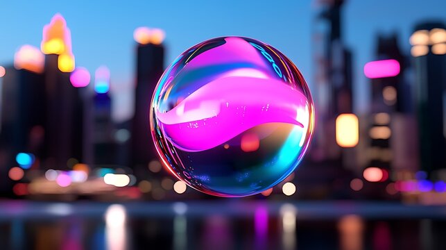 Futuristic Holographic Sphere Over Vibrant City Nightscape