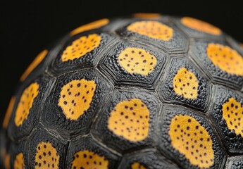 Poster - Close-up of a vibrant turtle shell showcasing intricate patterns and textures in a captivating macro photography shot against a dark background.