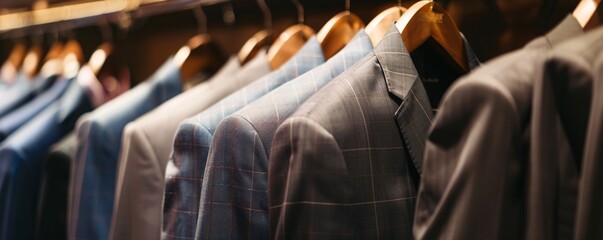 Aufkleber - Suits for men are displayed on wooden hangers in a clothing store