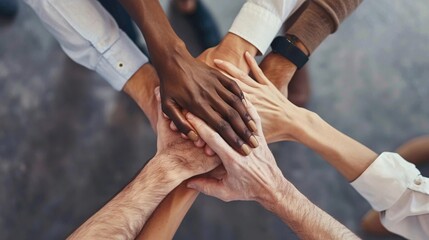 Poster - Diverse group of business people are joining their hands together showing their teamwork and cooperation