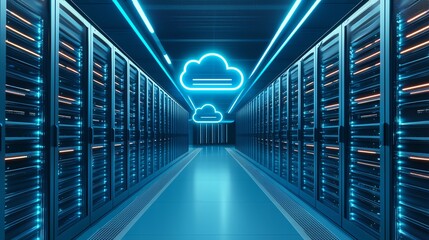 Poster - A modern data center interior featuring sleek server racks illuminated by blue neon lights. The futuristic atmosphere highlights innovations in cloud computing and digital storage.