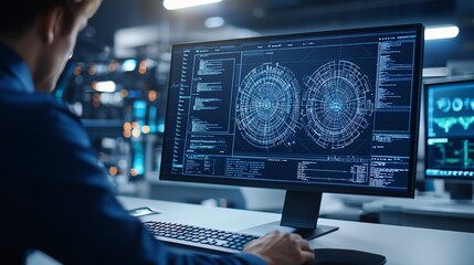 Aufkleber - A professional analyzes complex data on a large monitor, showcasing advanced technological interfaces and digital graphs in a modern workspace, highlighting innovation and precisio