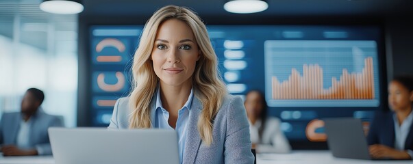 Poster - A professional woman confidently engages with her team in a modern office, analyzing data on sleek digital screens