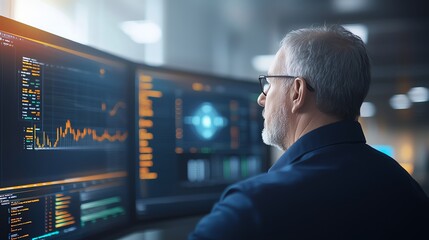Aufkleber - A senior analyst examines data on multiple screens, focused on financial trends and statistics in a modern office environment