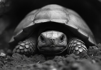 Poster - Close-Up Portrait of a Turtle with Detailed Shell and Expressive Face Captured in Black and White