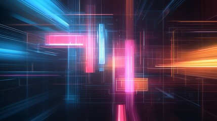 Poster - A vibrant display of abstract light beams in blue, pink, and orange colors. This dynamic background creates a sense of motion and futurism, perfect for tech-related themes.