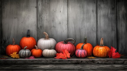 Poster - Autumn harvest display of colorful pumpkins on rustic wooden shelf seasonal decor warm atmosphere close-up view