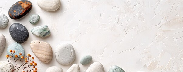 Wall Mural - White background with copy space adorned with a pattern of natural sea stones and dried flowers