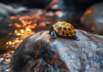 Poster - Colorful turtle resting on a rock by the shimmering water of a stream surrounded by nature's tranquility and vibrant reflections, perfect serene wildlife moment