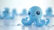 © ANUAR - Cute blue octopus character with glossy finish and smiling expression, surrounded by water droplets, suitable for adorable and whimsical design projects.