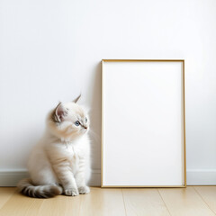 Wall Mural - Gold mock up poster frame by the wall and cute fluffy kitten sitting nearby