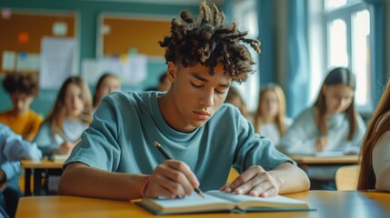 Poster - High school student taking notes in a notebook at a desk in a classroom