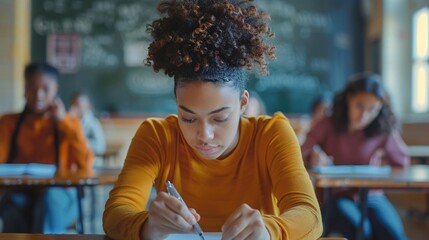 Poster - University student is focused on taking a crucial exam in a crowded classroom