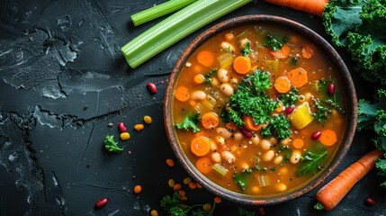 Canvas Print - There is a bowl of soup with carrots, beans and celery, food background, copy space