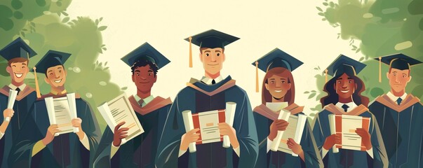 Poster - Happy graduates wearing caps and gowns, holding diplomas and smiling