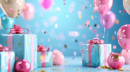 Aufkleber - Celebratory arrangement featuring shiny gift boxes, colorful balloons, and falling confetti on a blue backdrop