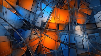 Poster - Dynamic abstract art composition featuring blue and orange glass fragments in modern digital environment