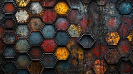 Poster - Rustic hexagonal patterns in vibrant colors artistic composition industrial environment abstract perspective