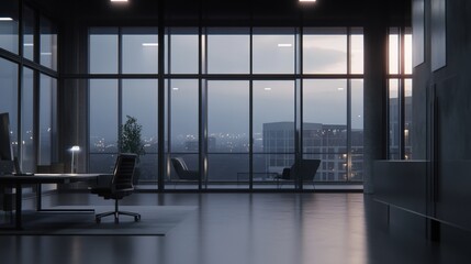 Poster - Evening office view modern corporate building digital art urban environment wide angle perspective serenity