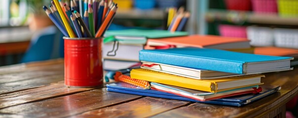 Poster - Colorful books and pencils are neatly arranged on a wooden desk in a classroom, ready for students to begin learning
