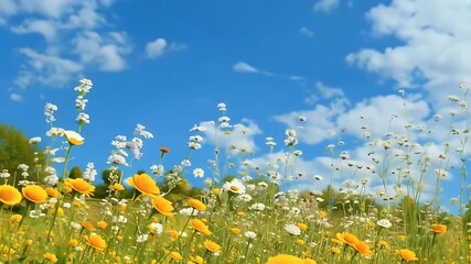 Wall Mural - Vibrant wildflowers swaying under a bright blue sky with fluffy clouds filmed vertically to capture the meadow's natural charm