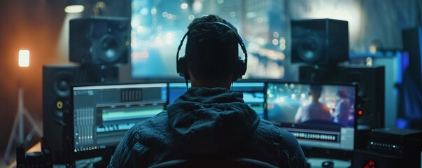 Poster - Video editor working from behind on a movie or tv show in a dark room