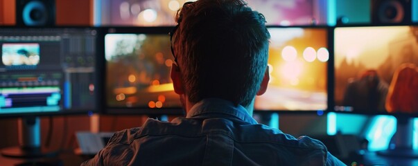 Poster - Video editor working on a movie late at night in his creative studio