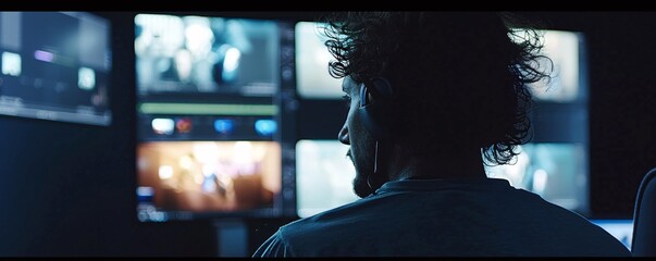 Poster - Late night video editing: professional software on multiple screens
