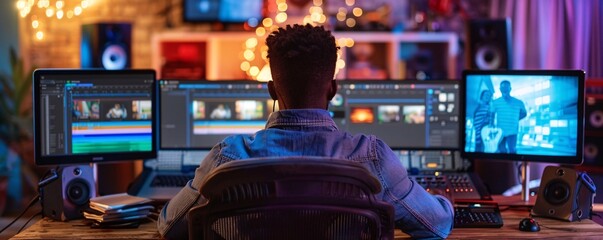 Poster - Video editor is burning the midnight oil with color grading software on a multi-screen setup