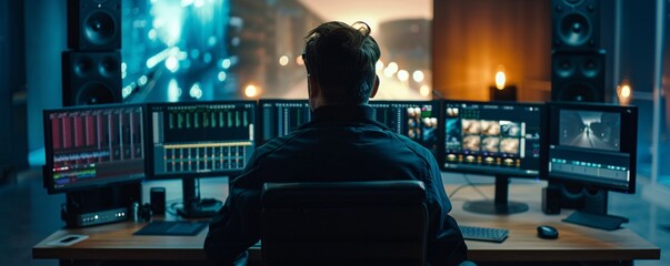 Poster - Video editor is working late at night in a modern studio, editing video footage on a suite of computers