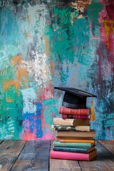 Poster - Colorful background with copy space and a graduation cap resting on a pile of books