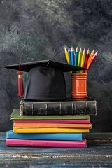 Poster - Colorful books supporting a graduation cap, symbolizing the end of learning and the beginning of new opportunities